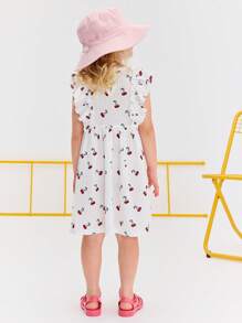 SHEIN Young Girl Casual Minimalist Comfortable Round Neck Ruffle Trim Cherry Print Dress - White - View 2