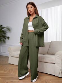 SHEIN EZwear Casual Green Two-Piece Outfit With Collared Blouse And Wide-Leg Trousers - Army Green - View 4