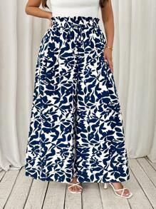 SHEIN Tall CURVE Pantalones anchos con estampado de plantas y bolsillos para mujer de talla grande, ideales para vacaciones