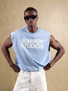 Sumwon Studios 无袖健身背心 夏季街头风宽松棉质平纹针织背心 健身房健身背心 - 藍色 - 查看 2