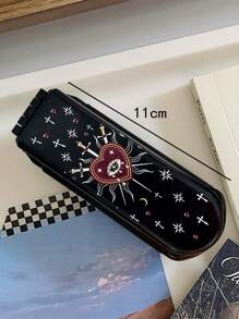 ROMWE Grunge Punk 1pc Cross & Heart Pattern Comb With Compact Mirror, Foldable, Portable, Back To School Accessory (Pattern Placement Random) - Multicolor - View 3