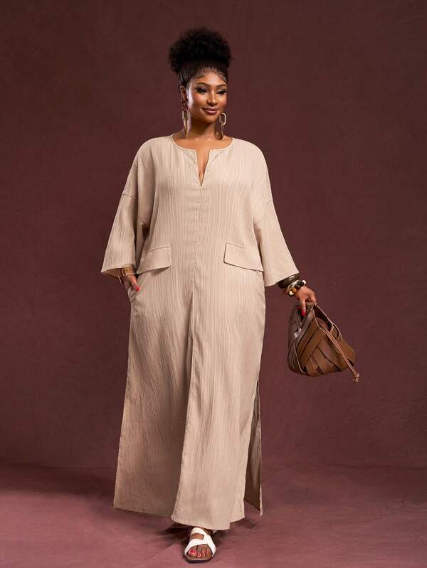Veslaya 2025 New Spring/Summer Plus Size Women Vintage Western Resort/Brunch Outfit/Music Festival/Club/Road Trip/Cruise Dress - Loose Khaki Deep V-Neck Short Sleeve Maxi Dress With Pockets And Side Slits Plus Size Linen Outfits Plus Size Kaftan Plus Size Sets For Summer