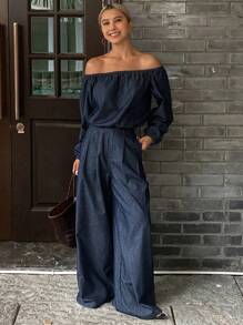 Livesso Distressed Washed Casual Summer Set, Off Shoulder Short Blouse And Long Pants, Women Denim Suit - Blue - View 5