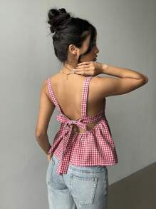 Aloruh Women Plaid Backless Ruffle Hem Camisole Top