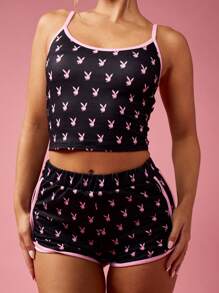 Missguided x Playboy 圣诞兔子印花两件套背心海豚短裤家居服套装 - 黑色 - 查看 6