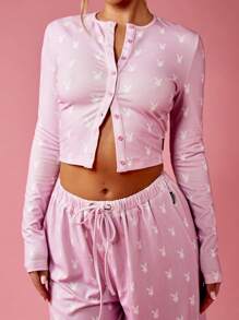 Missguided x Playboy 圣诞兔子印花两件套家居服，长袖露脐上衣，阔腿裤