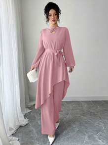 Modelyn 2件套女士纯色系带不对称下摆上衣和裤子