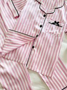 SHEIN Girl Teen Faux Silk Pink & White Striped Cardigan Pajama Set