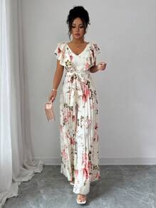 Selianne Mono elegante con cuello en V con volante, cintura plisada, pierna ancha, para vacaciones y resort - Multicolor - Ver 6