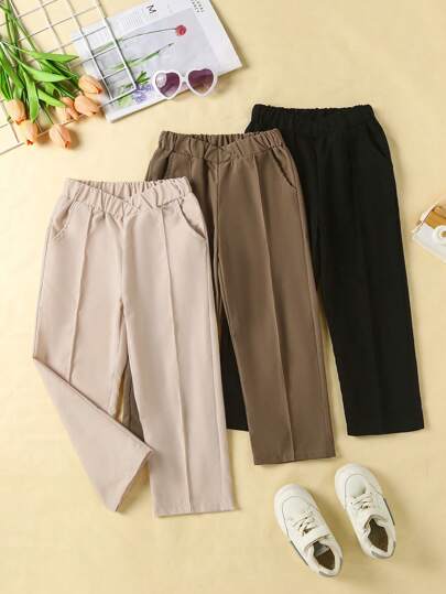 Elladie kids 3 件/包女童阔腿高腰宽松休闲裤，粉色/黑色/白色/米色，修身款，适合秋冬春季，2024 年新款，适合通勤百搭