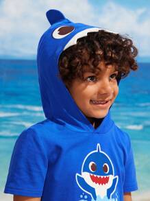 BABY SHARK X SHEIN 小男孩卡通波浪与鲨鱼印花3D鱼鳍连帽短袖T恤 - 藍色 - 查看 5