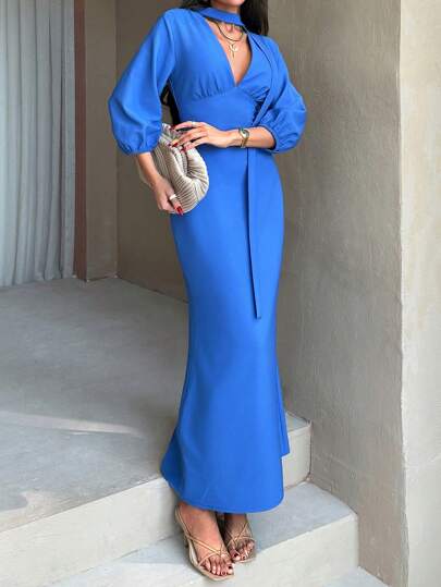 CLARA VERO Women Solid Color Long Sleeve With Shawl Detailed Dress