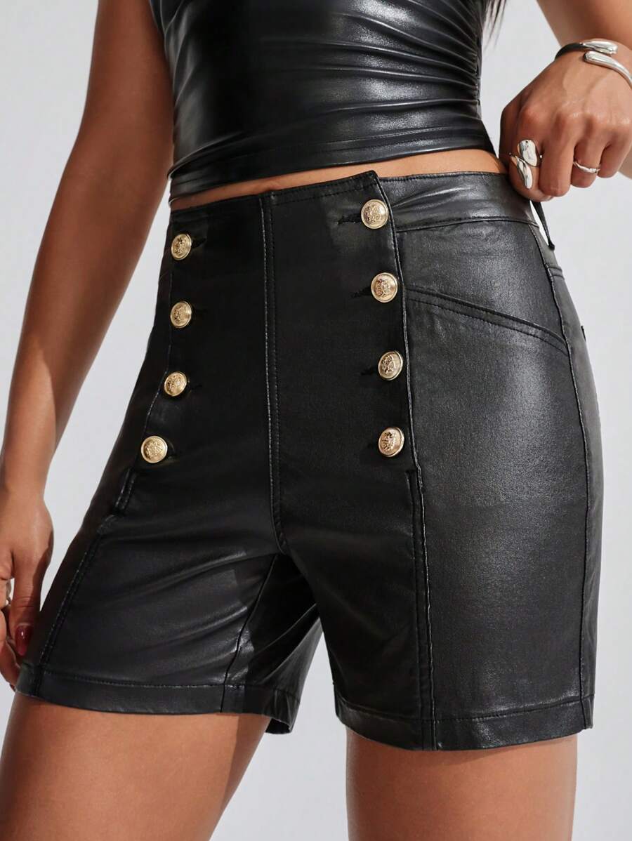 SHEIN Women's Fashionable Double-Breasted Fitted Shorts For Summer - Black - View 1