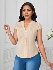 SHEIN Unity Blusa elegante de manga corta con patchwork de encaje y patrón de ola para mujeres - Albaricoque - Ver 6