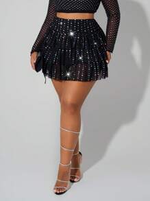 SHEIN SXY Plus Size Women Solid Color Sequin Multi-Layer Ruffle Hem Short Fashion Mini Skirt,Club Outfits Women Sexy; Sequin / Rhinestone