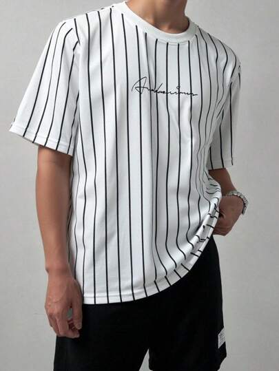 SHEIN 2pcs/Set Teen Boys Casual Striped T-Shirt & Black Shorts Set, Streetwear Punk Rock College Style For Daily, Party, Music Festival, Suitable For Spring/Summer, With English Graphic Print