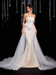 Glamrae Elegant Luxury Lace Splice Mesh Mermaid Tail Bridal Gown Flounce Long Train Wedding Dress Suitable For Wedding, Party, Prom - Beige - View 5