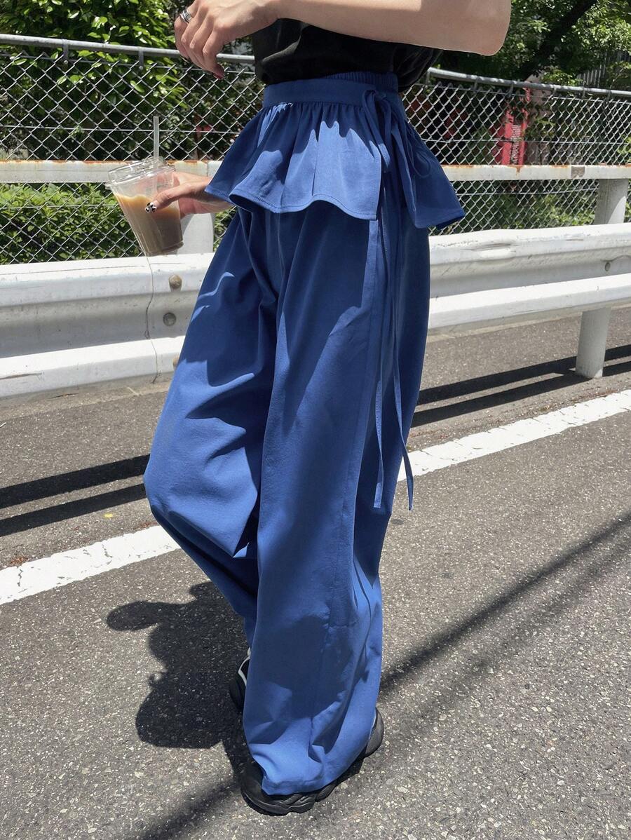 FRIFUL 两件套女士纯色藏蓝色可拆卸臀片弹力腰直筒裤假日套装秋冬度假装 - 藍色 - 查看 1