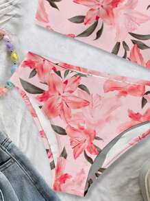 Conjunto de traje de baño informal para niñas preadolescentes con Top tipo camisola con estampado floral y Bottom triangular para el verano