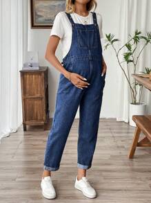SHEIN Maternity Blue Simple Everyday Denim Cuff Overalls - Dark Wash - View 5