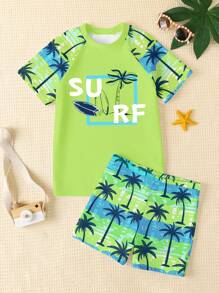 SHEIN Tween Boy Casual Minimalist Round Neck Short Sleeve Shorts Swimsuit Set, Suitable For Summer
