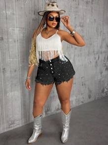 SHEIN SXY Damen Große Größen Denim-Hotpants mit Strass-Verzierungen, blau, leicht ausgewaschener Look, im Vintage-Musikfestival-Stil - Dunkelgrau - Übersicht 6
