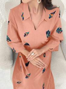 Al Najma Embroidered Collar Long Casual Dress - Orange - View 6