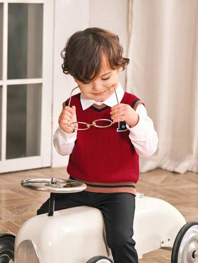 Souflis Souflis 3 件装男婴学院风刺绣毛衣背心，搭配长袖衬衫和棕色西装裤，优雅装扮，适合婚礼、聚会、学校活动等秋冬季场合