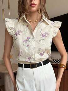 Chiquease 时尚优雅法式复古风宽松刺绣印花盖袖女衬衫，春夏