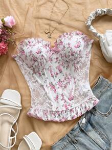 Soleia Top de tirantes de encaje con estampado floral en tonos rosas, apropiado para playa, citas, fiestas, festivales de música, estilo ballet, uso diario - Multicolor - Ver 3