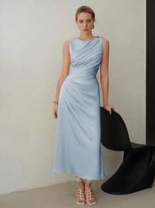 MOTF PREMIUM 金属装饰褶饰中长连衣裙 - 淺藍色 - 查看 6