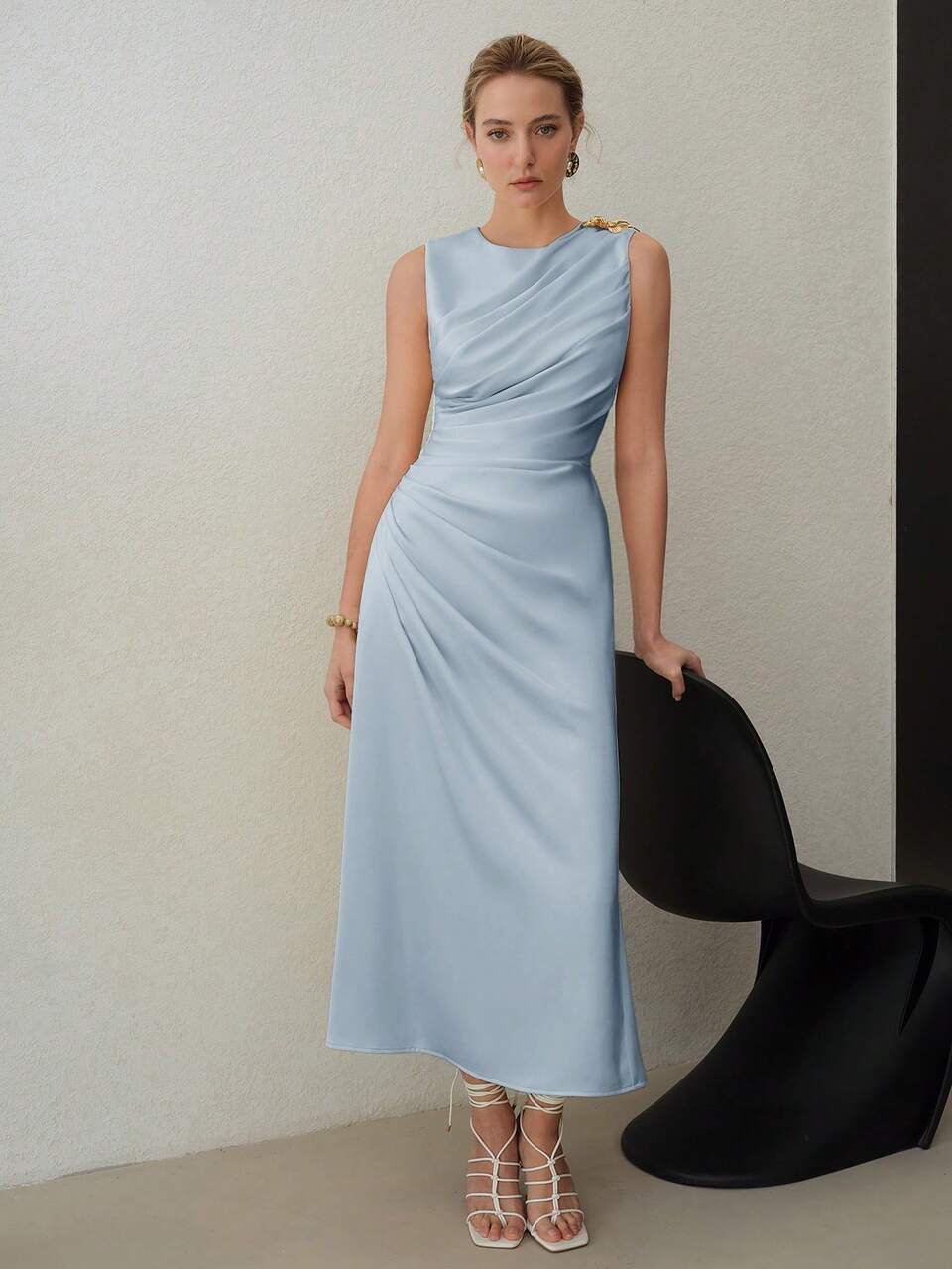 METAL DECOR RUCHED MIDI DRESS
