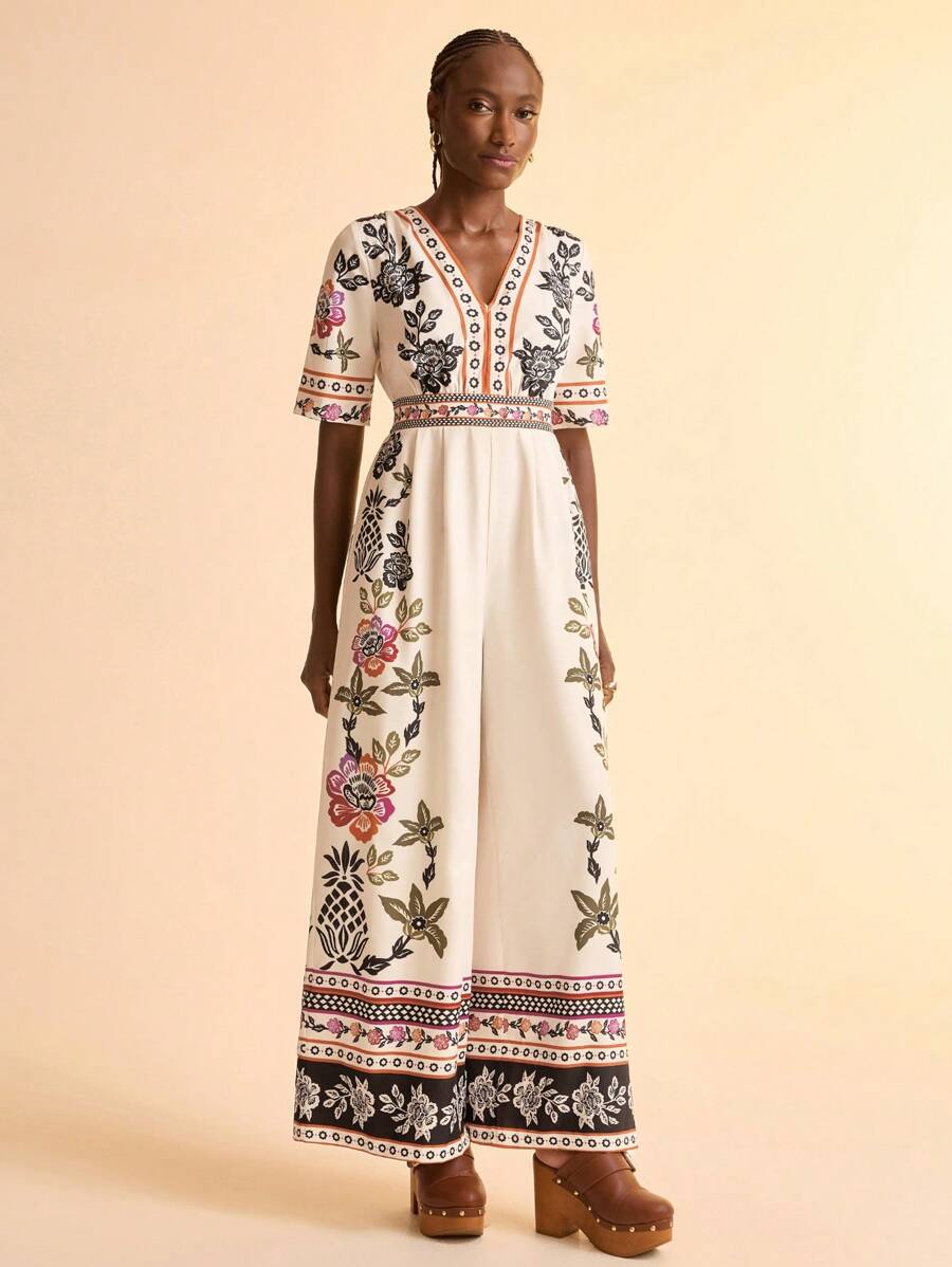 CAJUNI Damen lässiger V-Ausschnitt Jumpsuit mit Ananas, Päonie & tropischem Blume Muster, kurze Ärmel, elastischer Taille, weite Passform für Sommer Strand Urlaub