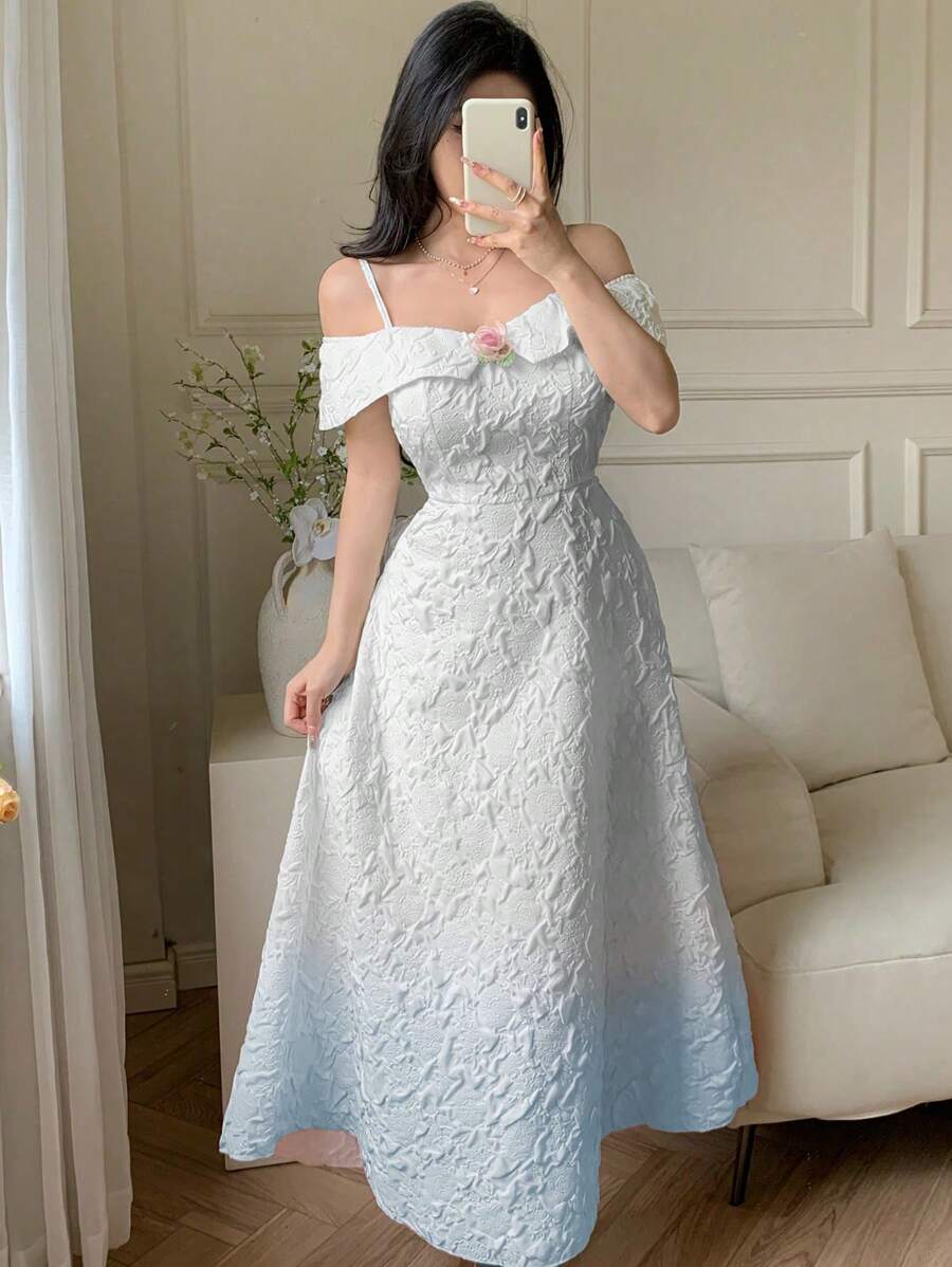 Modelyn 女士花卉提花露肩优雅中长渐变色连衣裙 - 藍色 - 查看 1
