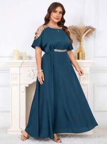 SHEIN Clasi Plus Size Elegant Party Ribbon Trim Off Shoulder Dress,Wedding Guest Dress Women - Teal Blue - View 3