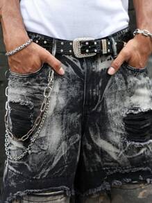 Manfinity LEGND Men's Black Denim Bermuda Shorts With Ripped Details And Camouflage Underlayer