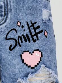 Tween Girls Y2K Style Denim Shorts, Spring/Summer New, Heart, Floral & Graffiti Print, Ripped, Casual & Versatile, Fashion Tween Girls Jeans Shorts - Medium Wash - View 3