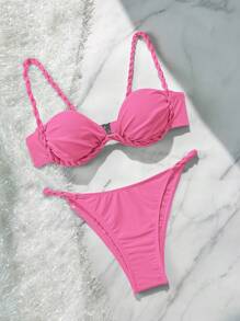 Soleia 2 sztuki/zestaw damski wojskowy zielony dzianinowy teksturowany kubek plisowany skręcony strój kąpielowy bikini - Różowy - Zobacz 5