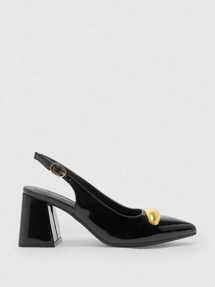 CUCCOO BIZCHIC Women's Fashion Black Metal Decor Block Heel Pumps, Classic Minimalist Shoes For Commute, Dating, Party, Holiday, Wedding For Christmas Spring Shoes