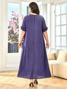 Lacomfia Vestido largo de estilo árabe con cuello redondo, manga corta, y volantes en talla grande de unicolor - Morado - Ver 2