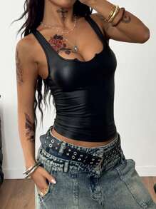 Coolane 女士夏季节日街头风复古Y2K日常穿搭简约休闲基础款皮革无袖V领弹力上衣，性感上衣 - 黑色 - 查看 4