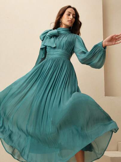 Anewsta Women's Pleated Waist Shiny Elegant Versatile Long Dress, Spring And Autumn