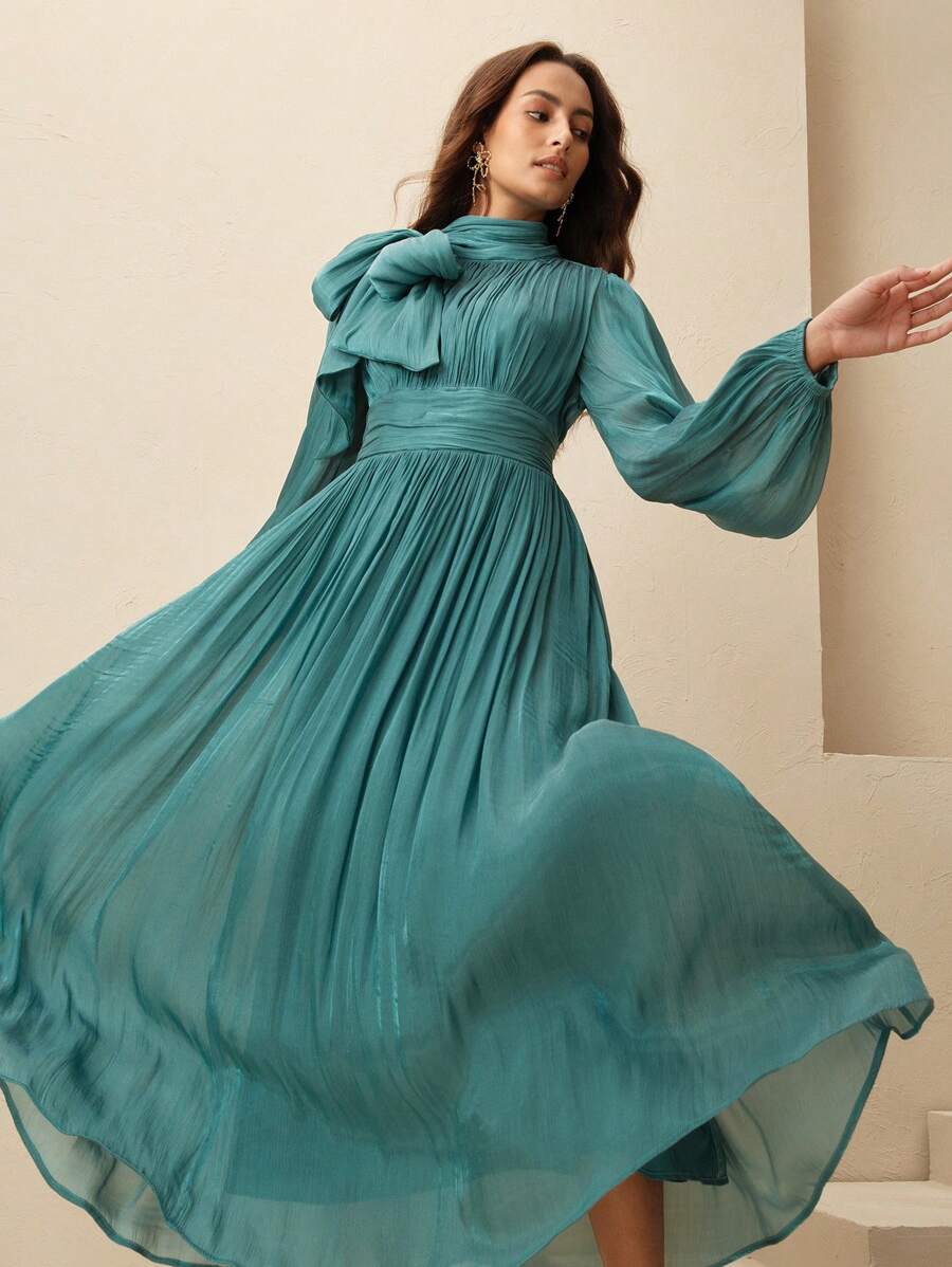 Anewsta Women's Pleated Waist Shiny Elegant Versatile Long Dress, Spring And Autumn - Dark Green - View 1