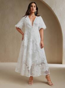 Anewsta 大码女式花卉装饰中袖 V 领中长连衣裙，优雅百搭的鸡尾酒会礼服 - 白色 - 查看 4