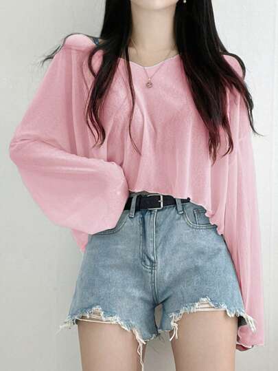 DAZY Women Loose Solid V-Neck Short T-Shirt, Spring/Summer Sheer Long Sleeve Women Tops,Fall Women Clothes Crop Women Tops