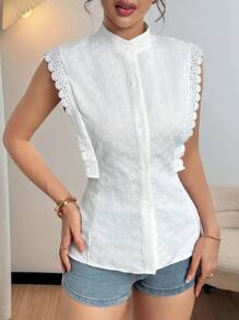 SHEIN LUNE 女士时尚精致优雅浪漫刺绣度假衬衫 - 白色 - 查看 3