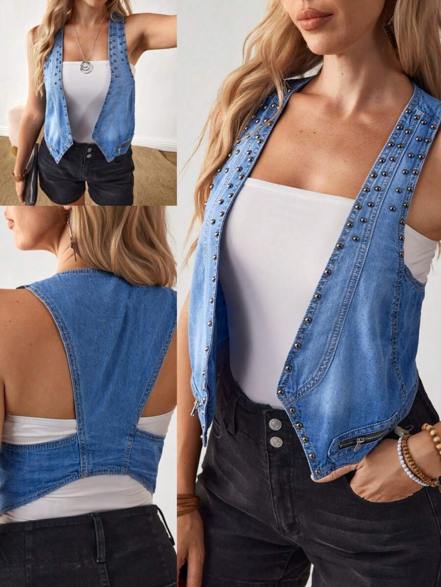 SHEIN LUNE Chaleco vaquero casual sin mangas, con remaches, de moda para mujer, para el verano - Azul - Ver 1