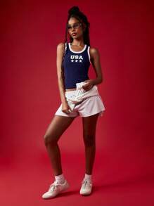 MISSGUIDED 美国国庆日星形标志背心，露背设计，夏季复古短款无袖修身运动背心 - 藍白色 - 查看 3
