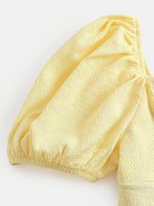 SHEIN 女童浅蓝色格子方领泡泡袖收腰A字长款短袖连衣裙