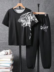 SHEIN 2件套青少年女孩虎纹圆领短袖T恤和长裤套装 - 黑色 - 查看 1